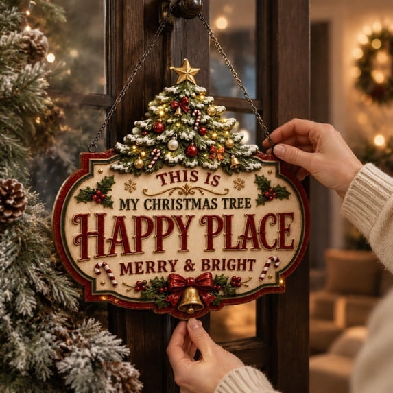 Christmas Happy Place Wooden Hanging Sign, Classic Xmas Front‑Door Decorative Plaque, Retro Vintage Festive Hanging Ornament, Wooden Material for Warm Holiday