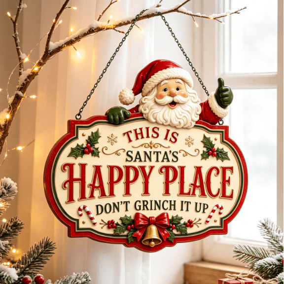 Christmas Happy Place Wooden Hanging Sign, Farmhouse Xmas Wall Plaque, Simple Festive Hanging Ornament, No‑Assembly‑Required Holiday Decor for Home Entry & Living Space (Santa Claus)