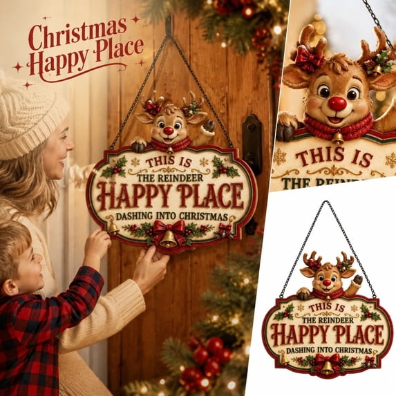 Christmas Happy Place Wooden Hanging Sign, Retro‑Style Xmas Front‑Door Plaque, Eye‑Catching Festive Hanging Ornament, Weather‑Resistant Wooden Build