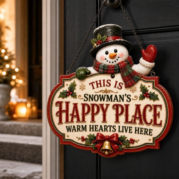 Christmas Happy Place Wooden Hanging Sign, Vintage Xmas Front‑Door Hanging Plaque, Charming Festive Holiday Ornament, Durable Weather Resistant Wood Construction