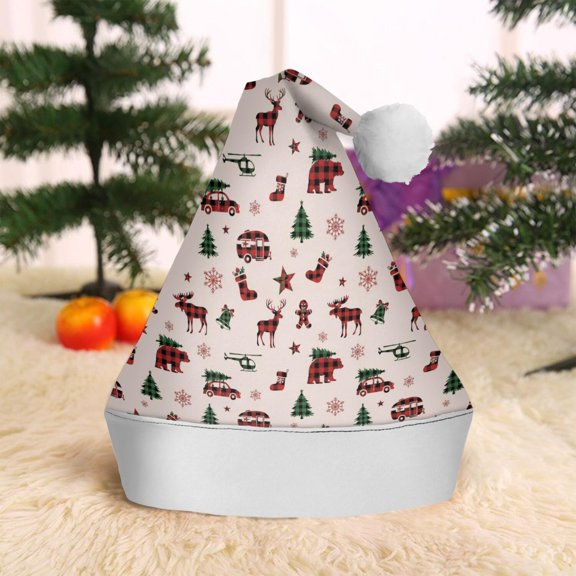 Christmas Hat,Christmas Plaid Moose Bear Silhouette Santa Hats Xmas Hat Christmas Party Decorations Party HHats for Adults,15 X 11.6 Inches