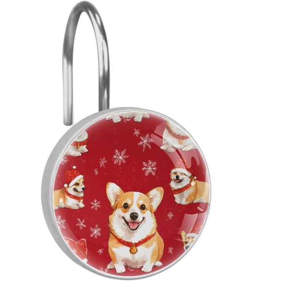 Christmas Hat Corgi Snowflakes Shower Curtain Hooks Round Crystal Glass, Set of 12 Shower Curtain Rings - Shower Hooks for Curtain Shower Rings
