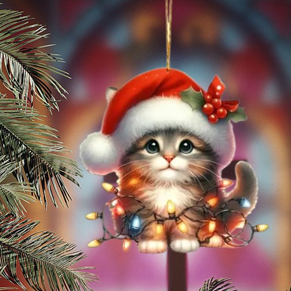 Christmas Hat Cute Kittens Holiday Decorations，2D Flat Cat Decoration Hangings, Cute Christmas Tree Cats Hanging Decorations Car Interior Decoration Pendant Key Chain Pendant
