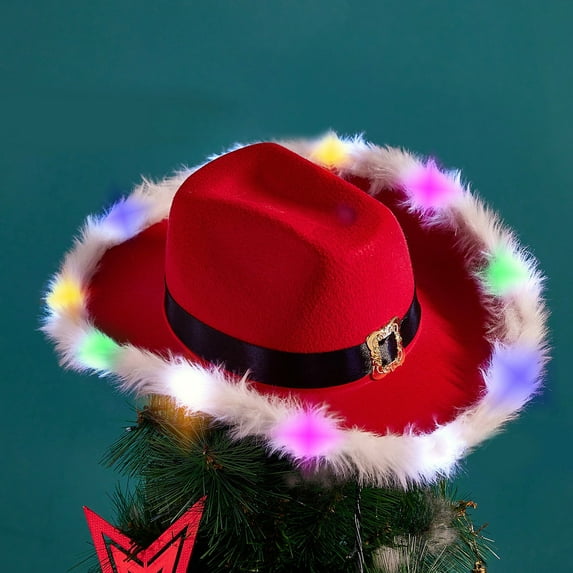Christmas Hat Feather With LED Lights Cowboy Hat Red Western Cowboy Red Hat Santa Claus Trimmed Lights Hat The Holiday
