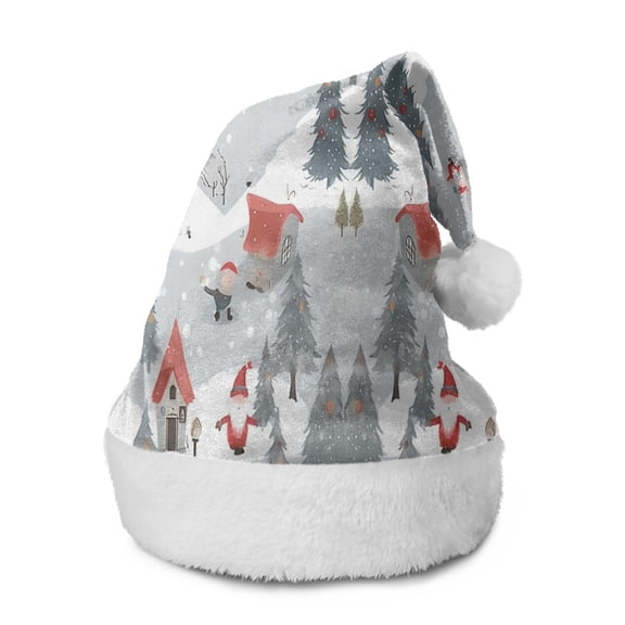 Christmas Hat,Gray Christmas Gnome Village Pattern Santa Hats Xmas Hat Christmas Party Decorations Party HHats for Adults,15 X 11.6 Inches