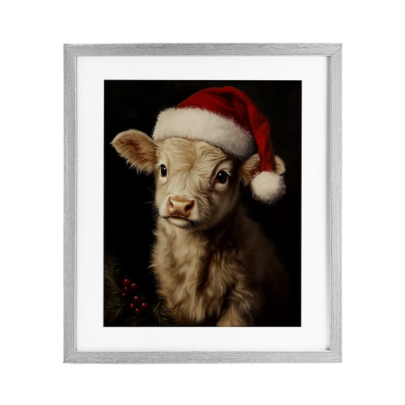 Stupell Industries Christmas Hat Highland Cow Gray Framed Print Under Glass, design by Arlington Prints