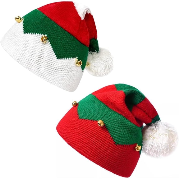 Christmas Hat Knitted Elf Hat Xmas Stripe Hat with Bell Thicken Velvet Xmas Hat for Adults Women Man 2 Hats Adult