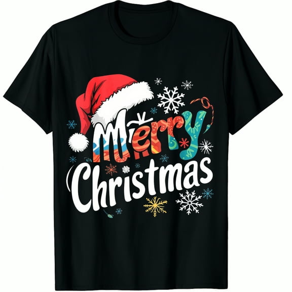 Christmas Hat Merry Snowflake Pattern Holiday Party Wear Black Graphic T-Shirt for Men and Women