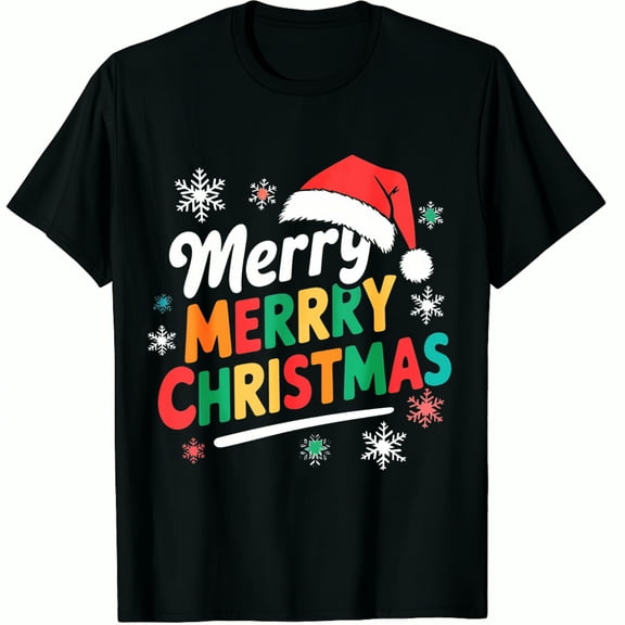 Christmas Hat Merry Snowflake Print Holiday Party Gift Black Graphic T-Shirt for Men and Women