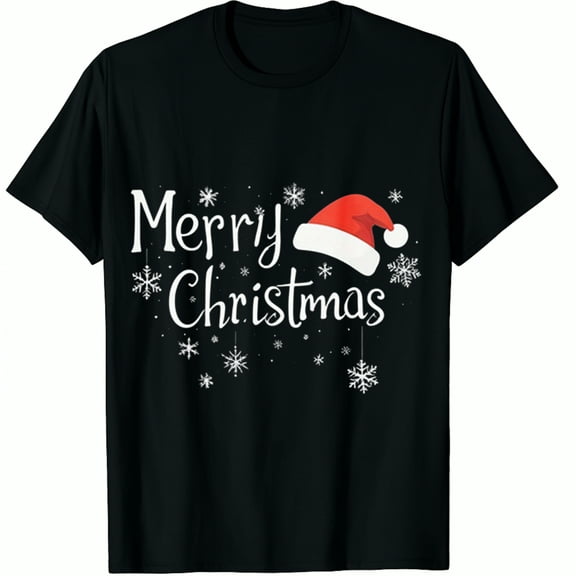 Christmas Hat Merry Snowflake Print Holiday Party Wear Black Graphic T-Shirt for Men and Women