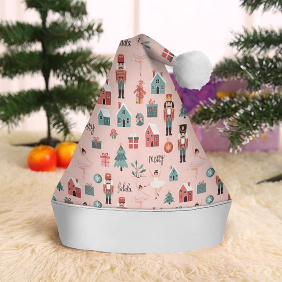 Christmas Hat,Pink Christmas Nutcracker Pattern Santa Hats Xmas Hat Christmas Party Decorations Party HHats for Adults,15 X 11.6 Inches