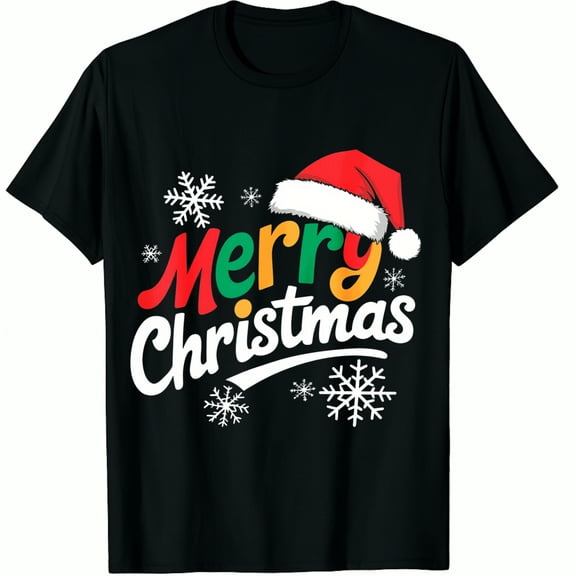 Christmas Hat Print Snowflake Merry Text Design Black Graphic T-Shirt for Men and Women