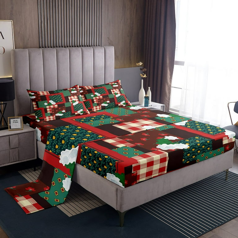Christmas Hat Queen Sheet Set Cartoon Xmas Gifts Decorations Bed Sheets Set Geometry Checkered Patchwork Theme Flat Fitted Sheet 4Pcs for Boys Girls Kids Bedroom Decor Walmart
