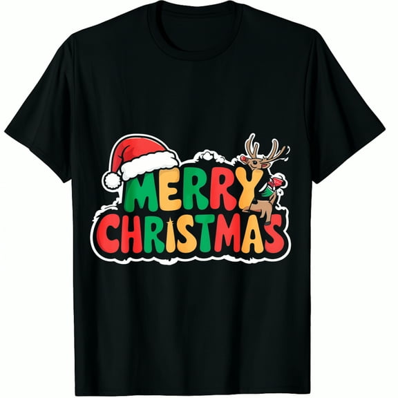 Christmas Hat Reindeer Merry Print Black Graphic T-Shirt for Men and Women