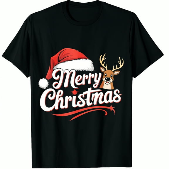 Christmas Hat Reindeer Merry Print Holiday Party Wear Black Graphic T-Shirt for Men and Women