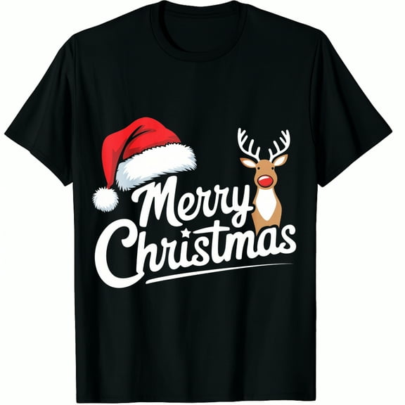 Christmas Hat Reindeer Merry Print Holiday Party Wear Black Graphic T-Shirt for Men and Women