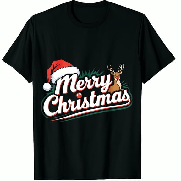 Christmas Hat Santa Claus Reindeer Merry Print Holiday Party Gift Wear Black Graphic T-Shirt for Men and Women