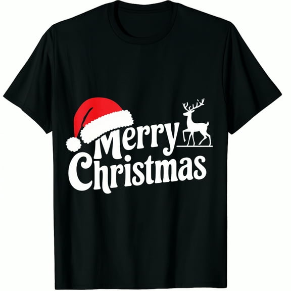 Christmas Hat Santa Merry Reindeer Print Holiday Party Decoration Black Graphic T-Shirt for Men and Women Tops Tee