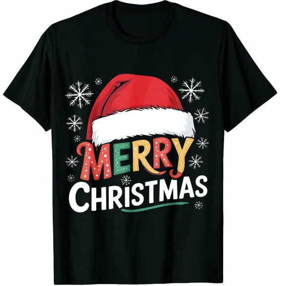 Christmas Hat Santa Merry Snowflake Print Holiday Party Wear Black Graphic T-Shirt for Men and Women