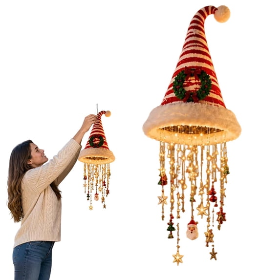 Christmas Hat‑Shaped Chandelier, 15.75" LED Santa Hat Hanging Light, Festive Hanging Christmas Ornament, Indoor Outdoor Holiday Porch Mantel Lighting Decoration, Home Party Decoration,A