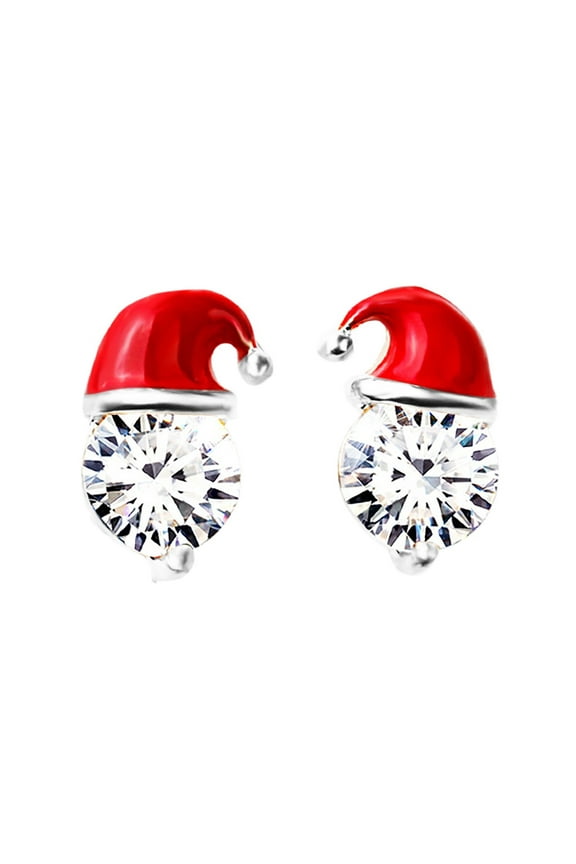 Christmas Hat Snowman Earrings for Women, Alloy Rhinestone Studded, Red Hat Silver, Holiday Party Gift
