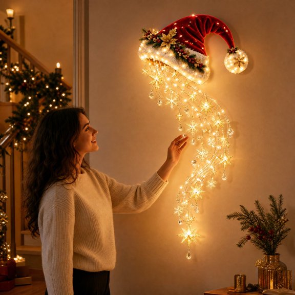 Christmas Hat Waterfall Wall Light, Cascading Star and Snowflake Hanging Decoration