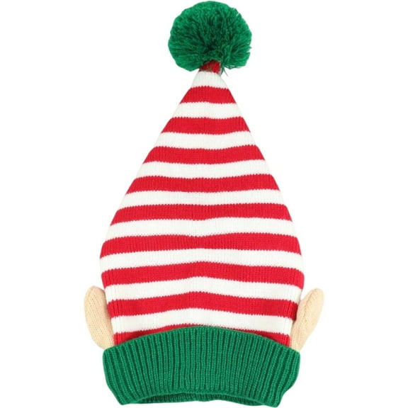 Christmas Hat with Small Ears Pom Pom Xmas Knit Hats Cap Striped Pattern Knitted Hat Elf Christmas Beanie Hat for Adults Kids