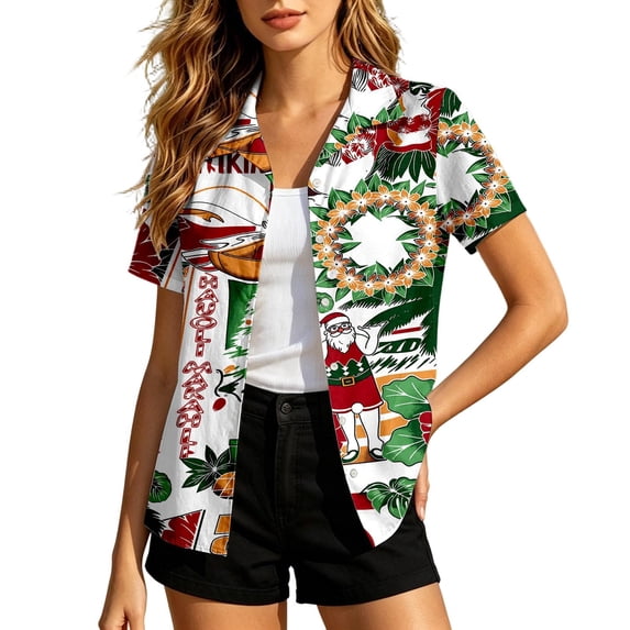 Christmas Hawaiian Shirts Women Funny Santa Claus Graphic Button Down Shirts Ugly Xmas Holiday Casual Button Up Tops,Green XXL