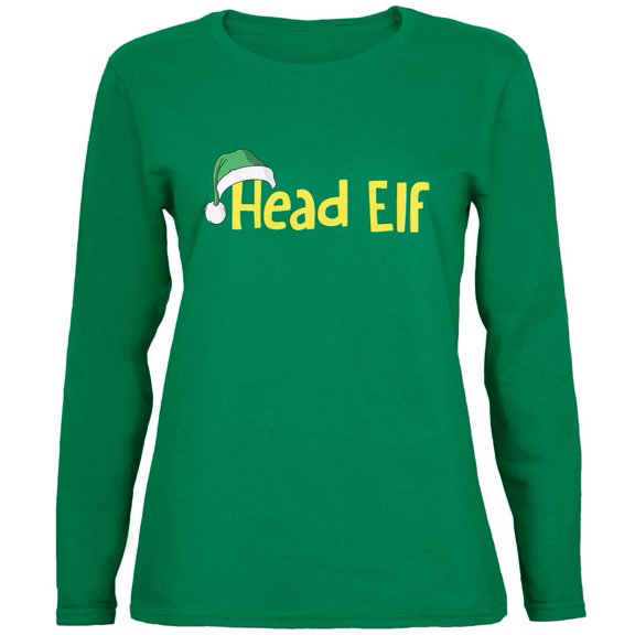 Christmas Head Elf Green Womens Long Sleeve T-Shirt - Small