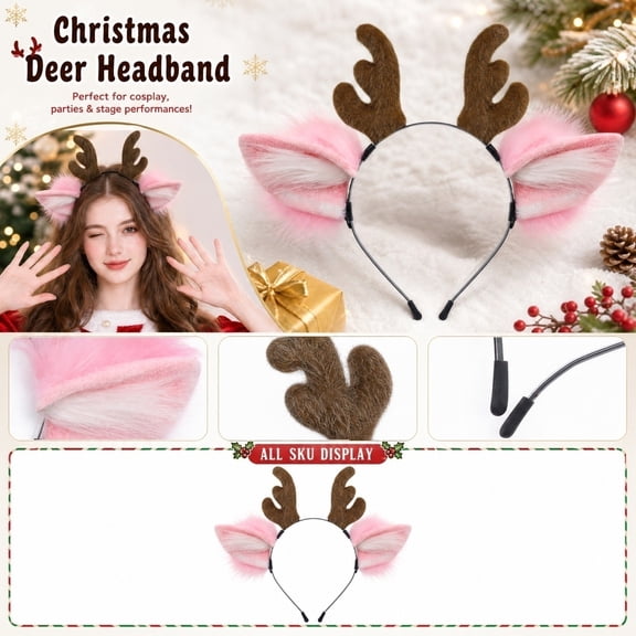 Christmas Headband, Furry Reindeer Antlers, Animal Ears Headband, Plush Headband, 10X9 Inch Faux Pink Deer Ears Metal Headwear for Christmas Holiday Dress Up, Events and Festive