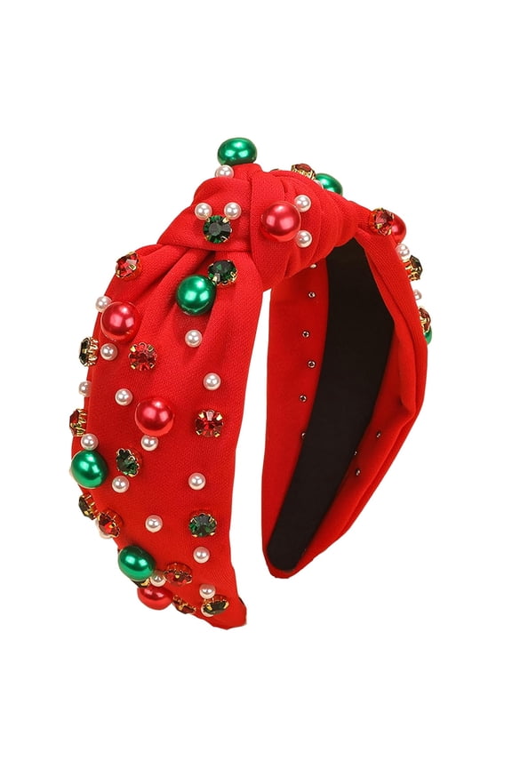Christmas Headband for Women Pearl Knotted Headband Xmas Red Green Pearl Rhinestone Crystal Jeweled Hairband Red