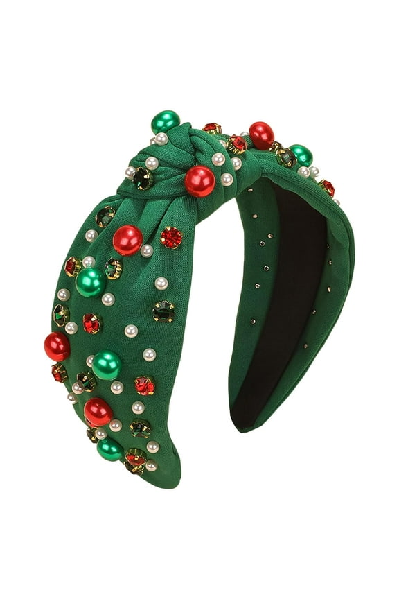 Christmas Headband for Women, Xmas Pearl Knotted Rhinestone Crystal Jeweled Hairband, Fashion Elegant Ladies Wide Top Knot Hair Bands Headpiece Holiday Outfits Gifts