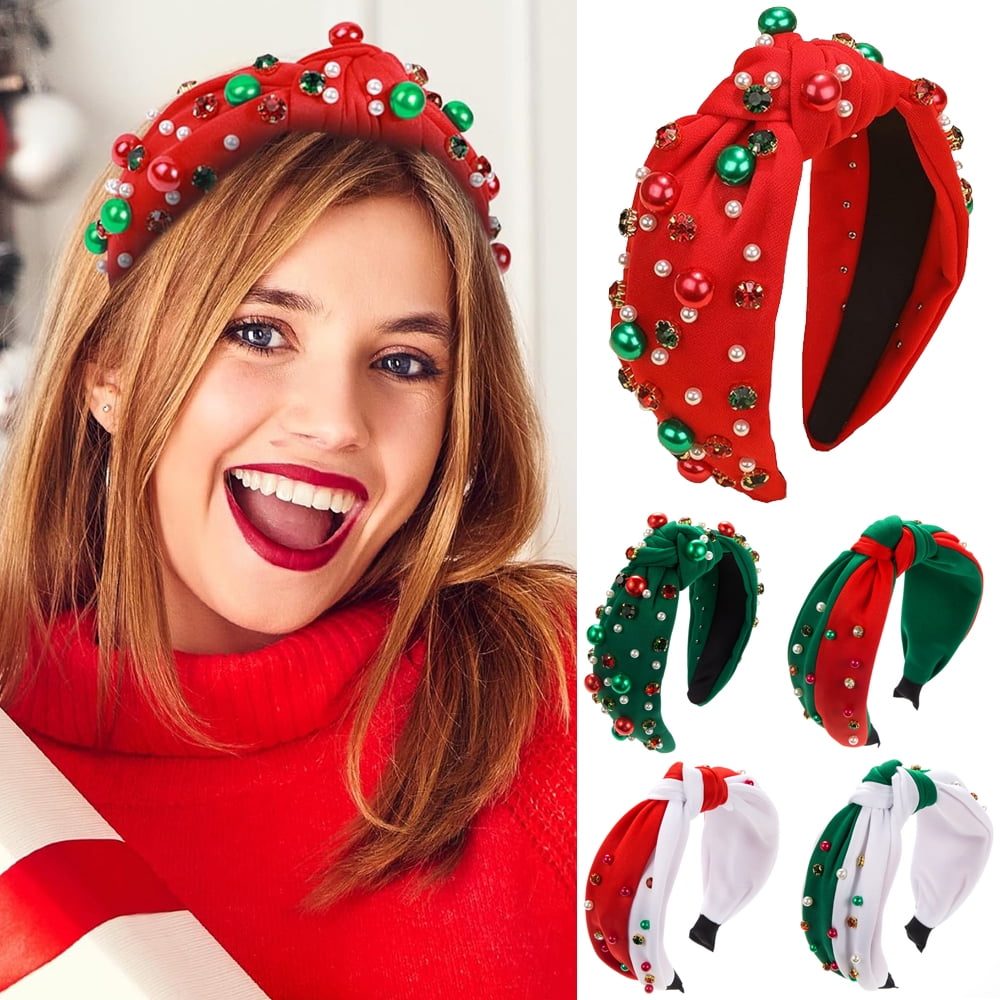 Rhinestone Faux Pearl Red Holiday Headband Amazon.com : Christmas Headband for Women Pearl Knotted  main image 3