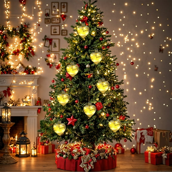 Christmas Heart Ornament, Transparent LED Light Hanging Decoration with Purple Flowers Inside Clear Glass Heart Ball for Christmas Tree Holiday Wedding Home Party Decor 2025 Trend Collection