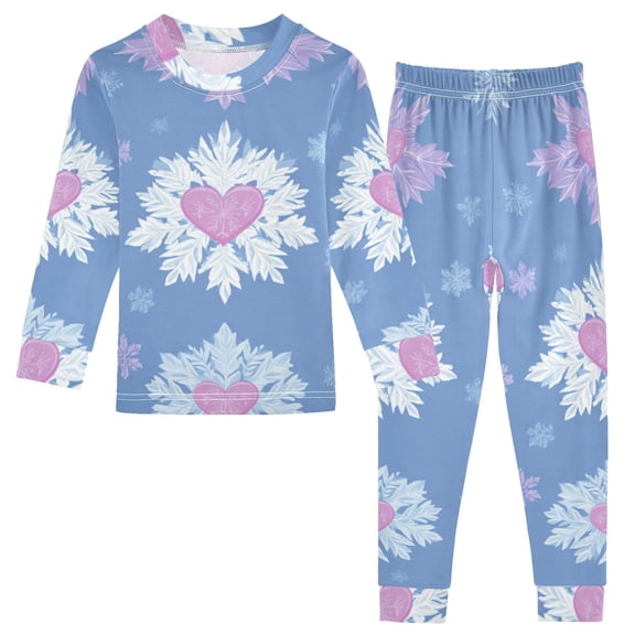 Christmas Hearts Inside Snowflakes Cotton Pajama Set Long Sleeve Top and Pants Sleepwear Unisex 6Y