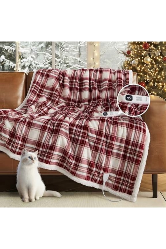 Christmas Heated Blanket Electric Throw 50''x60''Ultra Soft Plaid Flannel Fast Heating Electric Blanket with 10 Heat Levels & 10 Hrs Auto Off, ETL Certified, Keep Warm in Couch Bed Office
