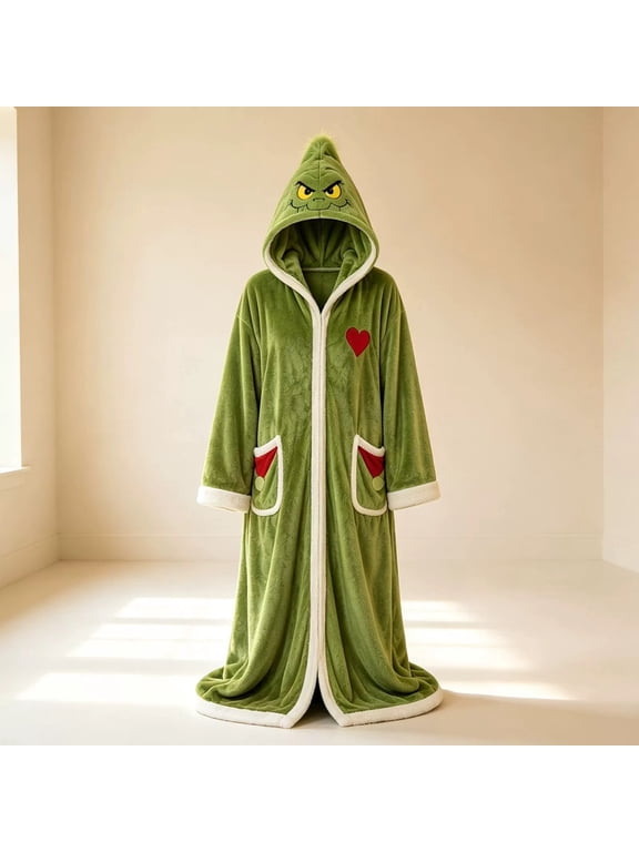 Christmas Heated Robe Unisex, Cozy Green Plush Hooded Bathrobe, Winter Warm Electric Wearable Blanket