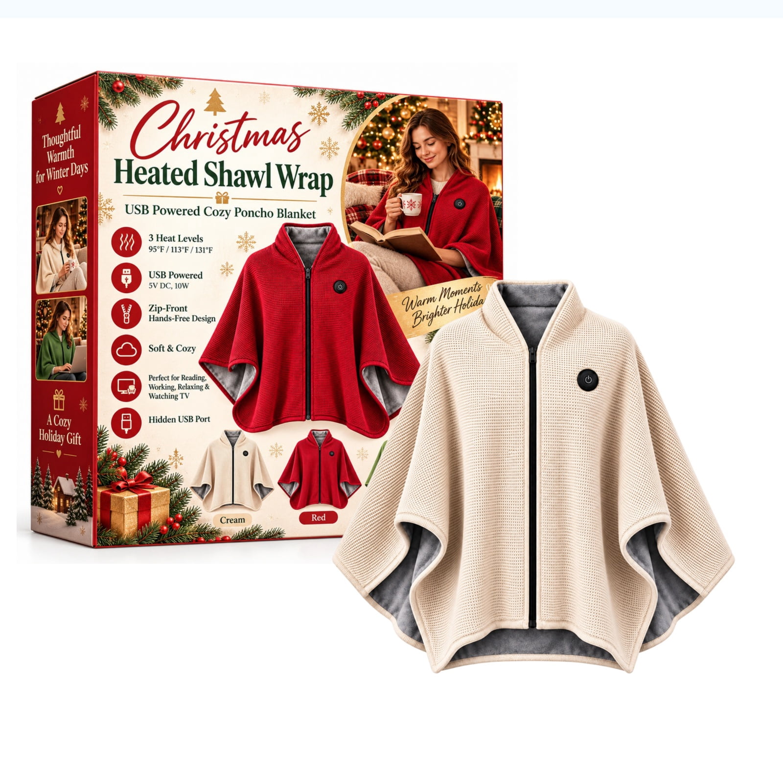 Christmas Heated Shawl Wrap, USB Wearable Heating Poncho Blanket with 3 ...