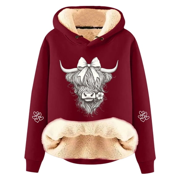 Christmas Heavyweight Hoodies for Women 2025 Long Sleeve Highland Cow Western Hooded Sweatshirt Pullover Tops