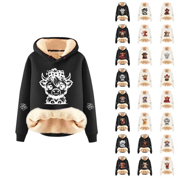 Christmas Heavyweight Hoodies for Women 2025 Long Sleeve Highland Cow Western Hooded Sweatshirt Pullover Tops
