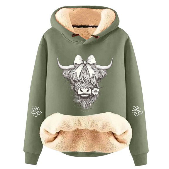 Christmas Heavyweight Hoodies for Women 2025 Long Sleeve Highland Cow Western Hooded Sweatshirt Pullover Tops