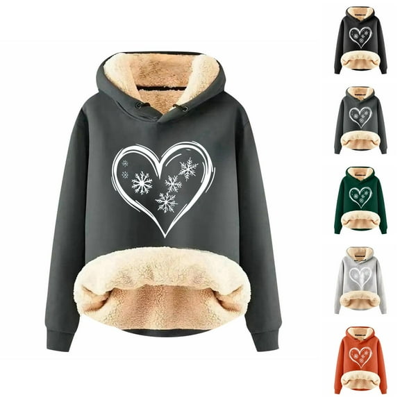 Christmas Heavyweight Hoodies for Women 2025 Long Sleeve Love Heart Snowflake Graphic Hooded Sweatshirt Pullover Tops