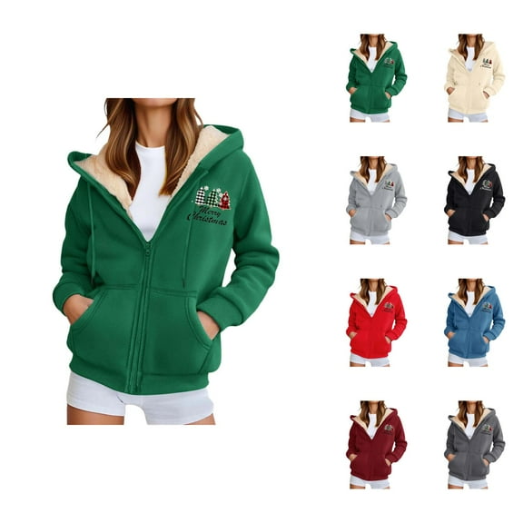 Christmas Heavyweight Zip Up Hoodies for Women 2025 Long Sleeve Holiday Hooded Sweatshirt with Pockets Jacket Coat