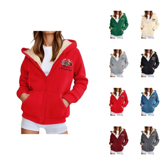 Christmas Heavyweight Zip Up Hoodies for Women 2025 Long Sleeve Holiday Hooded Sweatshirt with Pockets Jacket Coat