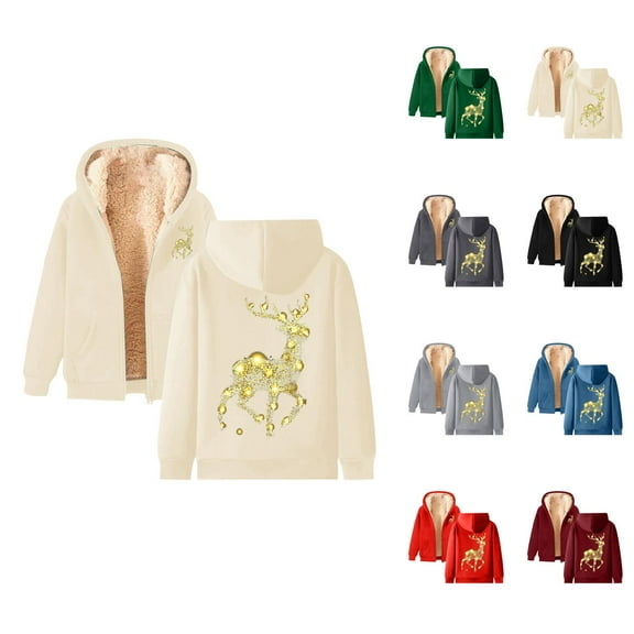 Christmas Heavyweight Zip Up Hoodies for Women 2025 Long Sleeve Reindeer Graphic Hooded Sweatshirt with Pockets Jacket Coat