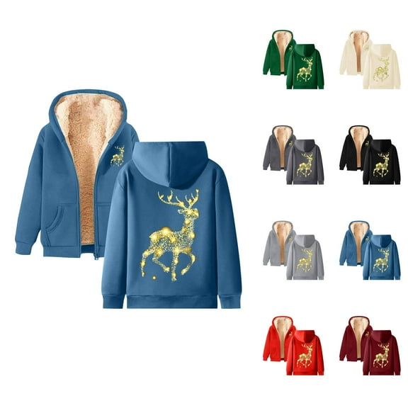 Christmas Heavyweight Zip Up Hoodies for Women 2025 Long Sleeve Reindeer Graphic Hooded Sweatshirt with Pockets Jacket Coat