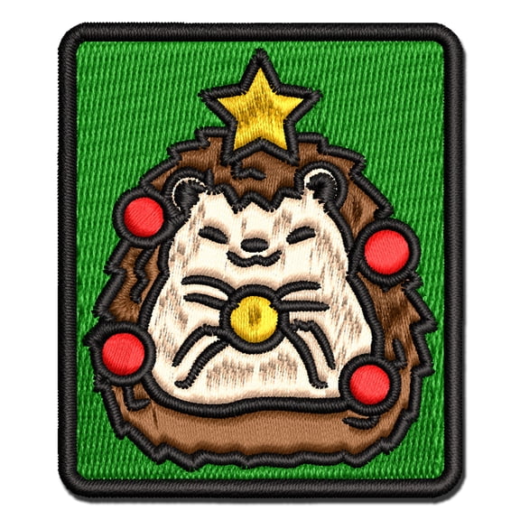 Christmas Hedgehog Tree Applique Multi-Color Embroidered Iron-On Patch - 3.5 Inch Large