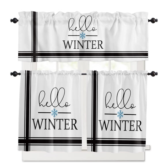 Christmas Hello Kitchen Curtains Valances and Tiers Set of 3 Winter Snowflake Black Line Tier Curtains and Valance Rod Pocket Valance Curtains Set for Windows 27.5"W x 24"L