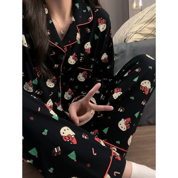 Christmas Hello Kitty Pajama Set Anime Cute Woman's Home Wear Cartoon Casual Pajamas Couple Sleep Clothing Loungewear