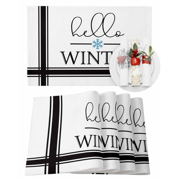 Christmas Hello Placemats Set of 1 Winter Snowflake Black Line Heat Insulation Washable Place Mats, Rustic Non-Slip Table Mats for Dining Table Party Kitchen Decor,13x19 Inch